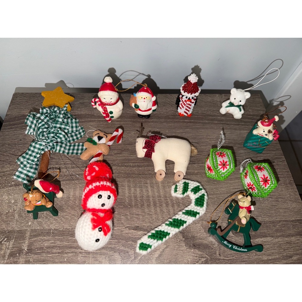 Vintage & handmade Christmas Ornament Lot 14pc Needlepoint Plush Resin Santa